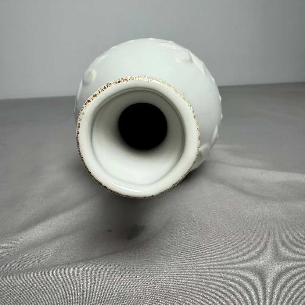 White Ceramic Bud Vase Embossed Floral Dotted Detail Iridescent Gloss 11.5 inch